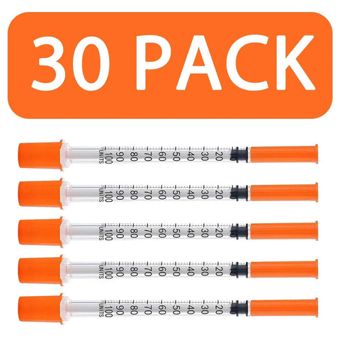 Front view of One Milliliter Syringe With 30G 8mm Needle, Individually Wrapped Pack Of 30, showing syringes lined up with orange caps.