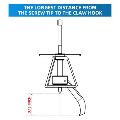 Diagram showing Heavy Duty Three Jaw Gear Puller, 2 Ton Pulley Removal Tool with 3.15 inch reach from screw tip to claw hook.