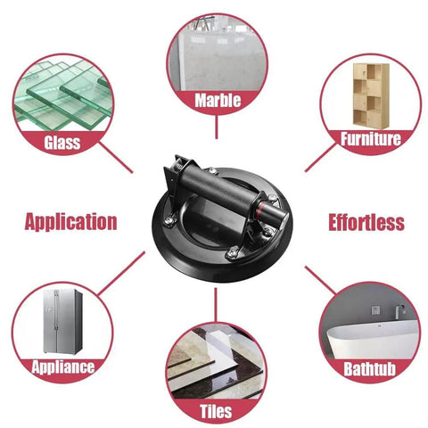 8 Inch Glass Vacuum Lifter With Handle for Granite Glass And Stone with application icons for marble, furniture, and appliances