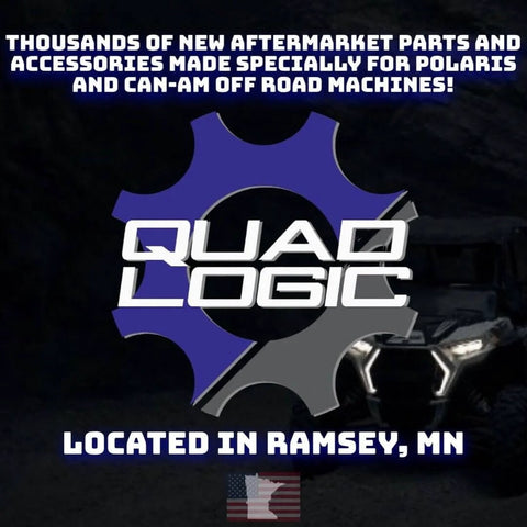 Quad Logic logo promoting aftermarket parts for Polaris and Can-Am with text on a dark background.