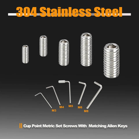 304 Stainless Steel Set Screws Kit With 275 Pcs, Metric M3 To M8, 3mm To 16mm Lengths, 24 Sizes, Fine Thread, assorted sizes and allen keys