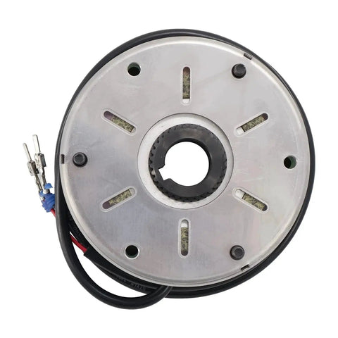 Forklift electromagnetic brake assembly; round metal housing with central splined bore and attached wiring.
