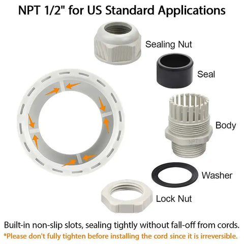 Components of Five Pack NPT One Half Inch Cable Glands Waterproof And Adjustable For Cables And Wires From Six To Twelve Millimeter