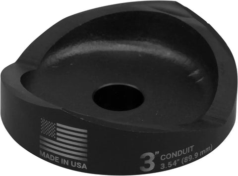 Close-up of Speed Punch 3 Inch Conduit Round Knockout Punch With Fast Setup No Thread Design And Clean Accurate Holes, black metal.