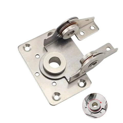 Damping dual-axis torque hinge in 304 stainless steel mounted on square base plate with screw holes (front view)