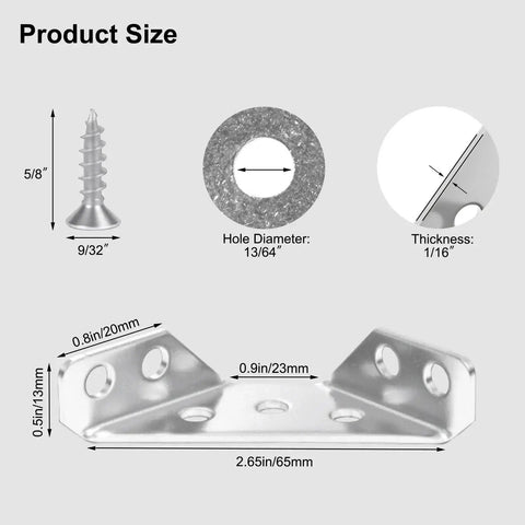 Product size chart for 12 Pack Universal Stainless Steel Furniture Corner Connectors With Screws Includes 84 Screws For Wood Cabinets Tables Chairs Drawers And Shelving Heavy Duty Triangular Brackets Set Perfect For Do It Yourself Woodworking Projects