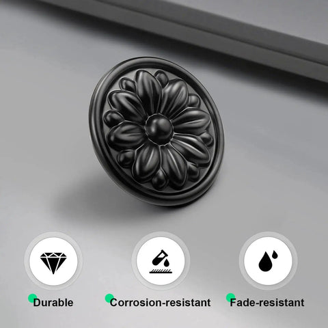 Black Floral Embossed Solid Zinc Alloy Cabinet Handle showing rust and scratch resistance, single-hole installation, 38mm length.