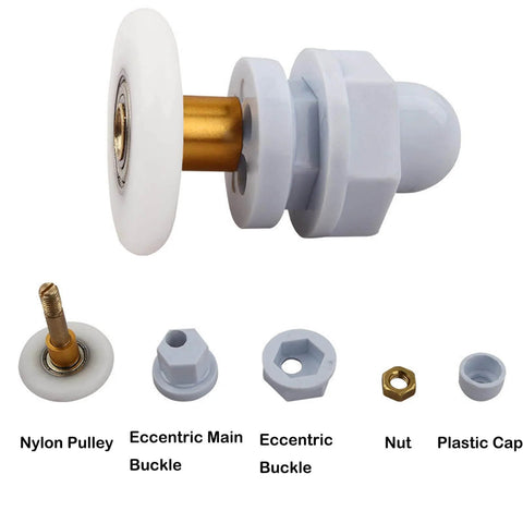 4PCS 25mm shower door rollers replacement with copper rod pulley, nylon runners, stainless steel parts, shown disassembled