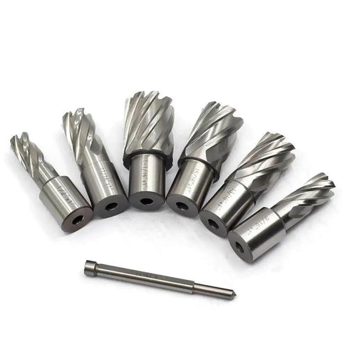 7 Piece Annular Cutter Set With Weldon Shank For Magnetic Drill Press Beefy Hole Cutter Kit, 1 Inch Cutting Depth, Diameters From 0.5 To 1.0625 Inch, 2 Flats, HSS Mag Drill Bits, Includes Pilot Pin Oscarbide