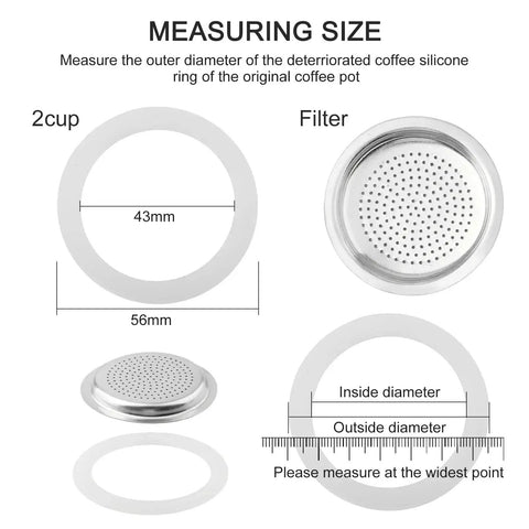Diagram showing 2 Cup Stovetop Espresso Gasket And Filter Set with 56mm diameter, silicone rubber seal, and metal filter for Moka pots.