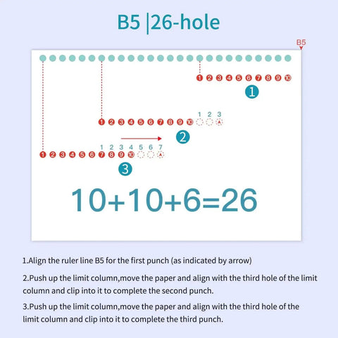Diagram showing B5 26-hole punching process for 10 Hole Paper Punch Handheld Metal Puncher For A4 A5 B5 Notebooks And Scrapbooks