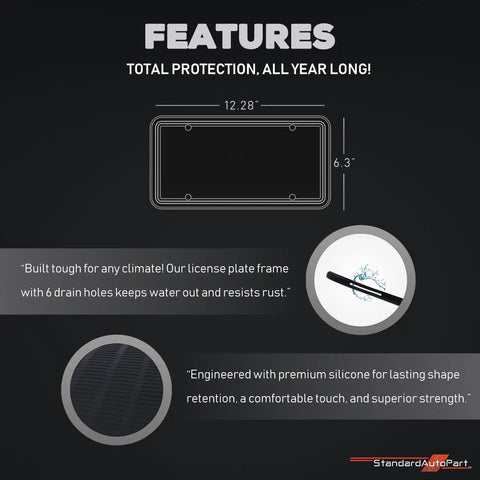 Features of Silicone License Plate Frame Durable For Front And Rear Universal No Obstruction Anti Rattle Anti Scratch Must Have Weatherproof Rust Proof Street Legal Car Accessory, including dimensions and drainage holes.