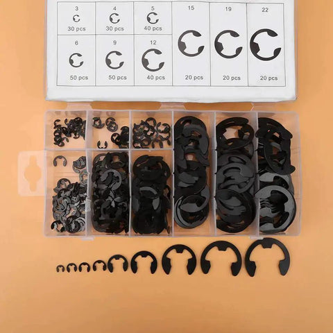 300 Piece Circlip Assortment Set With External 304 Stainless Steel Retaining Clips displayed in clear organizer