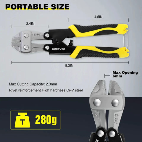 Heavy Duty 8 Inch Bolt Cutter For Wire And Cable Cutting With Non Slip Handle And Labor Saving Spring Loaded Mechanism, Beast Mode Power For Fence Mesh Rivets And Chains XUDYVCO displayed with size and weight specifications
