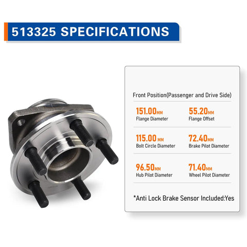 Side view of 2 Pack Front Wheel Hub And Bearing Assembly 513325 For 2012 To 2020 Chrysler 300 Dodge Challenger And Dodge Charger RWD 3.6L 5.7L Durable Replacement Kit showing specifications