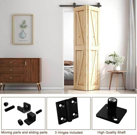 Heavy Duty Bi Folding Sliding Barn Door Hardware Kit For Two Doors 3 Foot Track 36 Inch Frosted Black Carbon Steel Rust Resistant Durable Hardware Kit Only No Door with components shown and door installed