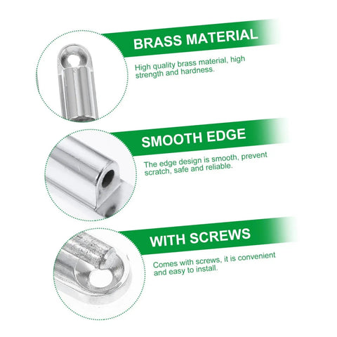 Illustration showing details of sturdy screw-on metal door hinges 4 pack for internal doors, highlighting brass material, smooth edges, and included screws.