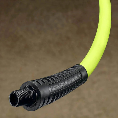 Close-up of the ZillaGreen Air Hose Three Eighth Inch By Fifty Feet With Quarter Inch MNPT Fittings, showing bend restrictor.