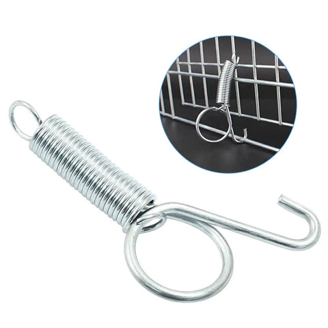 20 Pack Spring Latch Hooks for Pet Cages and Doors Metal Finger Locks, close-up of silver lock and installed on cage