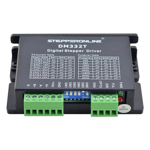 Industrial Grade Digital Stepper Driver For Nema 17 And Nema 23 Motors, front view showing connectors and settings table