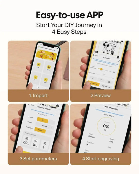 Person using app on smartphone to operate Pocket Size Laser Engraver For Wood And Leather Crafts A Mini USB Powered Engraving Tool