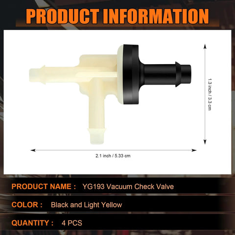 Automotive vacuum check valve set, 4 pieces, translucent beige body with black end, 2.1 in long for YG193 lines