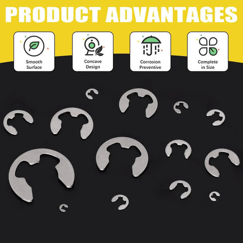 Stainless Steel E Clip Assortment Kit With 14 Sizes For DIY And Mechanical Repairs External Retaining Rings In 1.5 To 15 Mm displayed on black