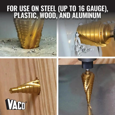 Step Drill Bit Set For Thin Metal Plastic Aluminum And Wood Seven Eighths To One And Three Eighths Inch Double Spiral Flutes For Fast Cutting Titanium Nitride Coating Heat Dissipation Quarter Inch Hex Shank By Klein Tools, shown in use on wood and metal, close-up view.