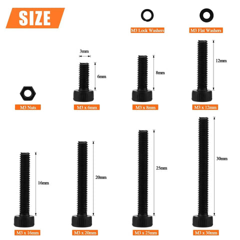 540 Piece M3 Hex Socket Head Cap Screws Kit With Nuts Washers In Black 6mm 8mm 12mm 16mm 20mm 25mm 30mm Beefy Full Threaded 12.9 Grade Alloy Steel Hardware Set