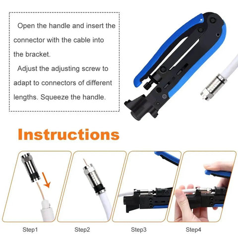 Coaxial Cable Crimping Kit With 20 F Compression Connectors and adjustable crimper shown with instruction steps for RG6 RG59 RG11 RG58 RG7