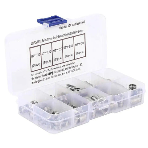 Open kit showing Stainless Steel Coiled Wire Threaded Inserts M7x1 For Repair Of Damaged Threads In Bolt Holes 100Pcs Helicoil Type