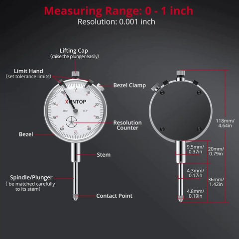 Diagram of High Precision 1 Inch Dial Indicator With 0.001 Inch Resolution And Beefy Magnetic Base Up To 132 Lbs For Lathe Milling CNC 3D Printer Car Workshop Or Lab Imperial Dial Test Gauge Set For Tight Tolerances And Quick Measurements From XUNTOP showing measurement parts.