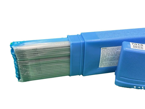 E7018 3 16th Inch Welding Rod For All Position With Low Hydrogen Iron Powder Coating Low Spatter And Steady Arc 5 Pound Box For Carbon Steel And High Tensile Steel High Deposition Pro Grade By STARTECHWELD, packaged in a blue box with exposed electrodes