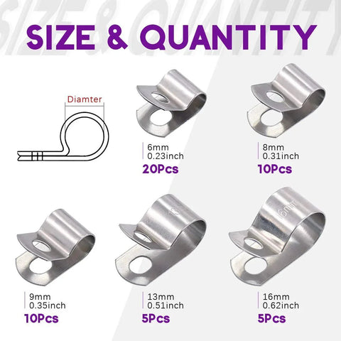 50Pcs 304 Stainless Steel Cable Clamps Assortment Kit Without Rubber Cushioned Clamps Includes 6mm 8mm 9mm 13mm And 16mm Sizes