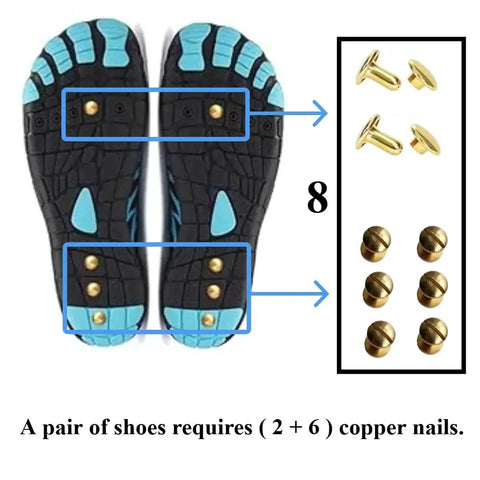 Copper Grounding Rivets For Shoes To Enable Barefoot Earthing 24 Pcs Set shown installed on shoe soles