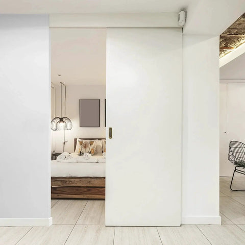 Installed Sliding Pocket Door Hardware Track Kit With 5.73 Ft Heavy Duty Commercial Grade Track Set for 24 to 36 Inch Wide Single Doors