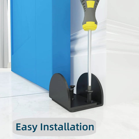 Durable Matte Black U Shape Floor Mounted Sliding Barn Door Guide Wide Arm Floor Bottom Guide installed on blue door