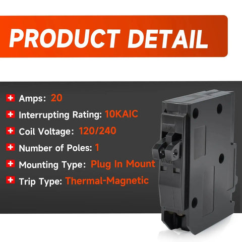 Tandem 1 Pole 20 Amp Circuit Breaker Plug-In 120/240V AC With 10kA Interrupting Rating, displayed with product details.