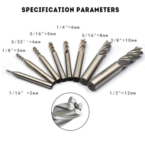 8 Piece HSS CNC End Mill Bit Set With Straight 4 Flute Cutters For Wood Aluminum Steel Titanium One Sixteenth To One Half Inch Shank Range Ideal For Precision Milling Smooth Cutting And Fast Material Removal By Oudtinx displayed on white background with specification parameters.