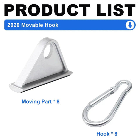 8 Pack 2020 Extrusion Sliding Hook For 20 Series T Slot And V Slot Aluminum Extrusion, silver hook and moving part displayed
