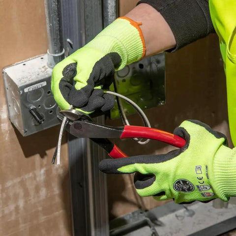 Person using Angled-Head Diagonal Cutting Pliers For Tight Spaces With High-Leverage And Short Jaw 8-Inch Multi-Purpose Wire Cutters Made In USA Klein Tools.