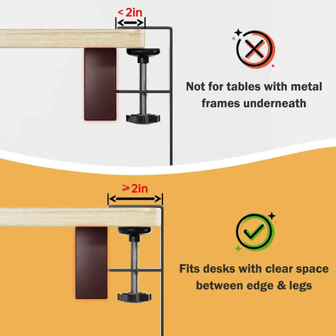 Under Desk Cable Management Tray No Drill Metal Mesh Organizer installation guide showing clamp fit for desks without metal frames.