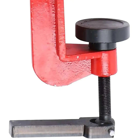 Close-up of Manual Sheet Metal Bead Roller Machine 22 Gauge Hand Crank Beading Tool With 6 Dies Kit showing red clamp mechanism