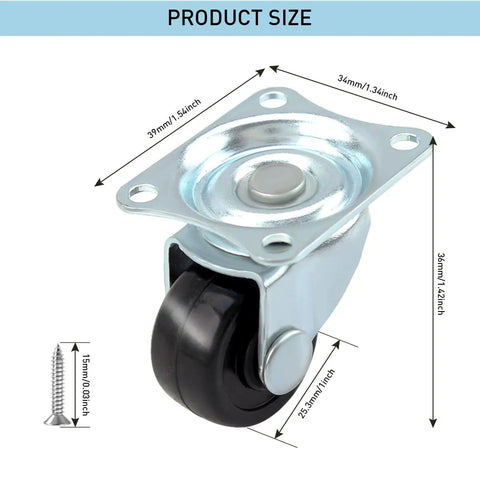 Low Profile 1 Inch Caster Wheels Set 8 Pcs Heavy Duty Rubber Swivel Casters With Bearings And Top Plate 22 Lbs Per Wheel Capacity 360 Degree Swivel For Furniture And Appliances Screws Included, showing dimensions and included screw