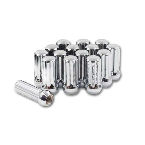 Set of 15 7 Spline Wheel Drive Lug Nuts 14x1.5 Closed End 51mm Long Chrome Finish for Car and Truck Wheels arranged on surface
