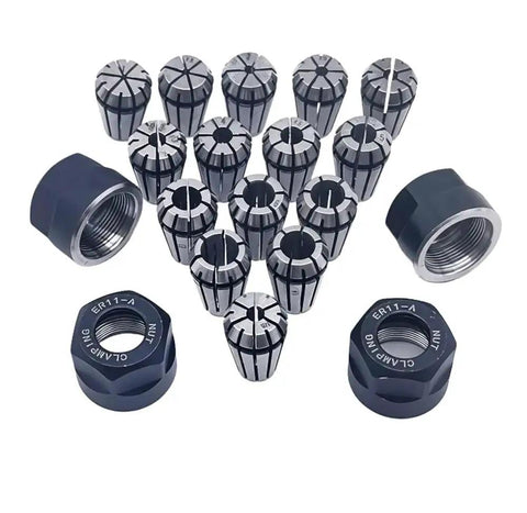All In One 19 Piece ER11 Precision Spring Collet Set With 1mm Through 7mm And One Eighth And One Quarter Inch Sizes, ER11A Clamping Nuts, M14 Thread