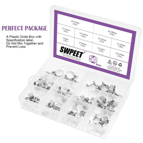 Swpeet 50-Piece stainless steel mini hose clamp set in clear plastic case