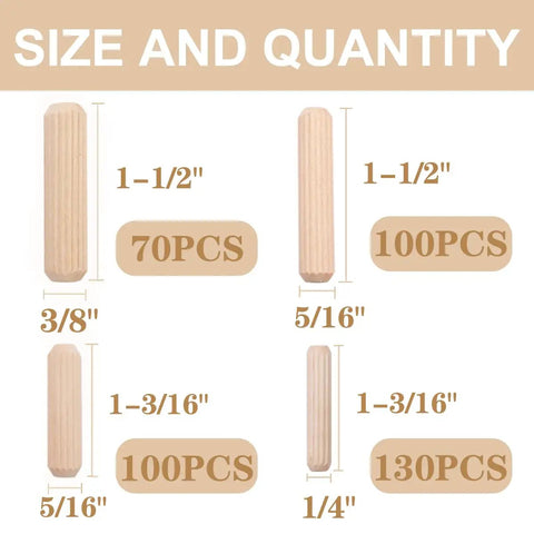 Pro Grade Wooden Dowel Pin Set With Straight Grooves And Beveled Tapered Ends, size and quantity of dowels displayed