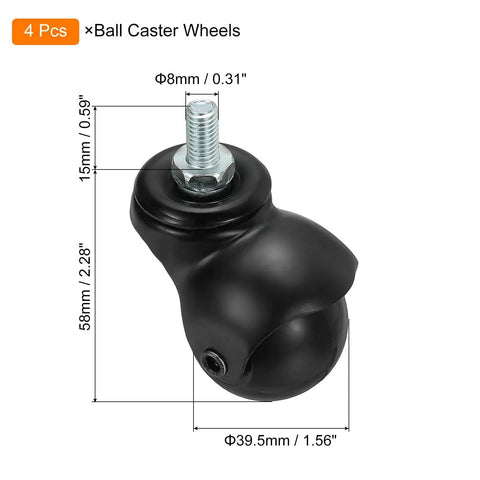 1.56 Inch Ball Caster Wheels Set Of 4 With Threaded Stem 360 Degree Movable Rotatable Castors For Furniture PP And Metal Construction