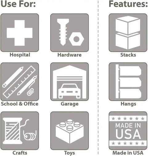 Graphic showing uses for Blue Stackable Plastic Storage Bins in hospitals, hardware, school, garage, crafts, toys; features stackability, hanging, Made in USA.